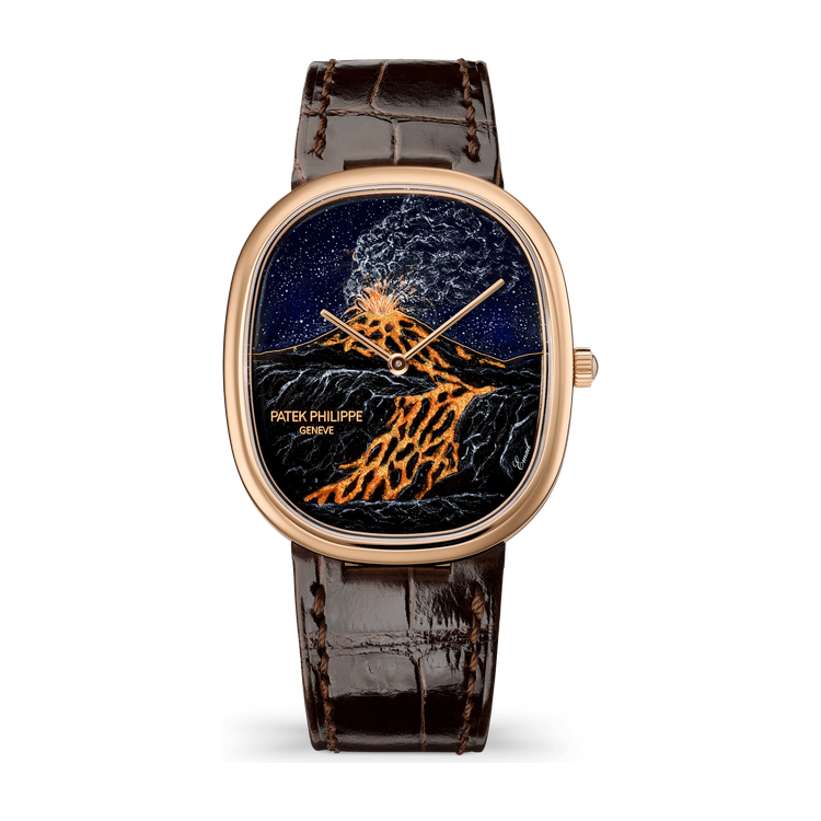 Patek Philippe "Etna" Rare Handcrafts Golden Ellipse Brown Rose Gold Alligator Leather 34.5 x 39.5mm