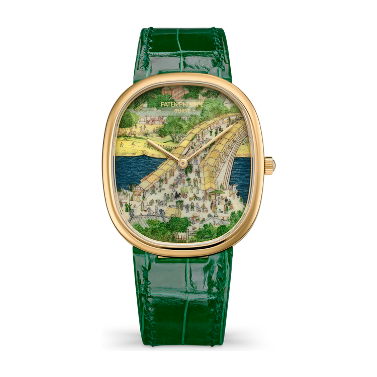 Patek Philippe "Chinese Festival" Rare Handcrafts Golden Ellipse Gold Yellow Gold Alligator Leather 34.5 x 39.5mm