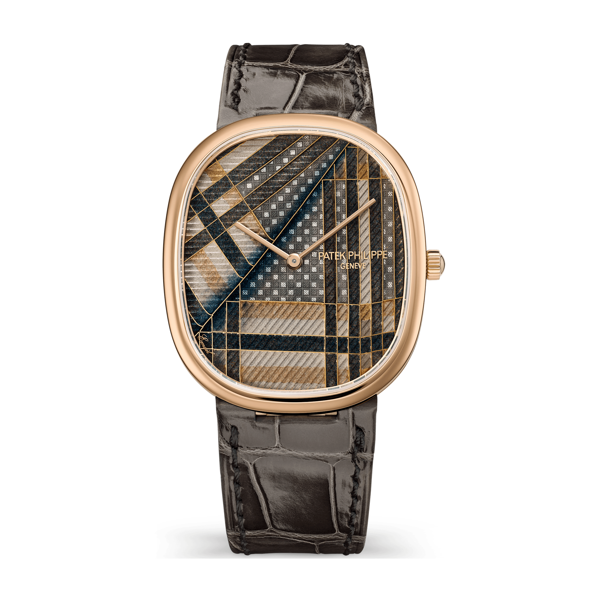 Patek Philippe "Beige Tartan" Rare Handcrafts Golden Ellipse Cream Rose Gold Alligator Leather 34.5 x 39.5mm