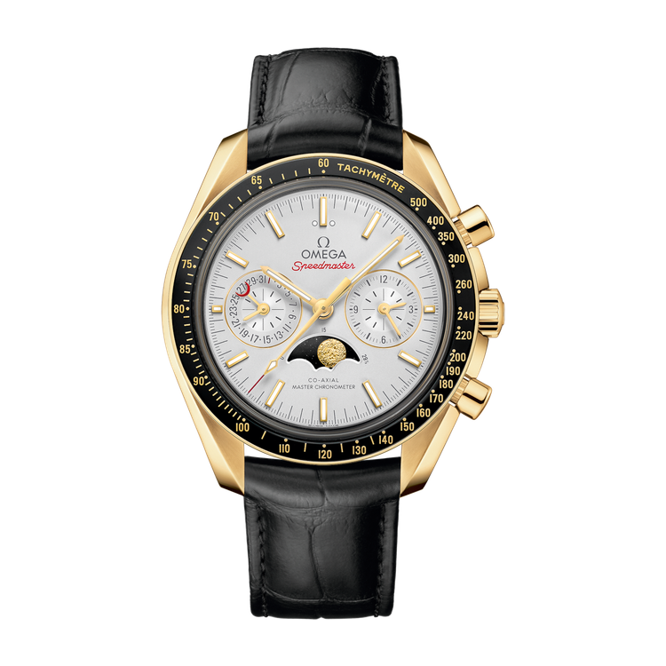 Omega Speedmaster Moonphase Silver Yellow Gold Alligator Leather 44.3mm