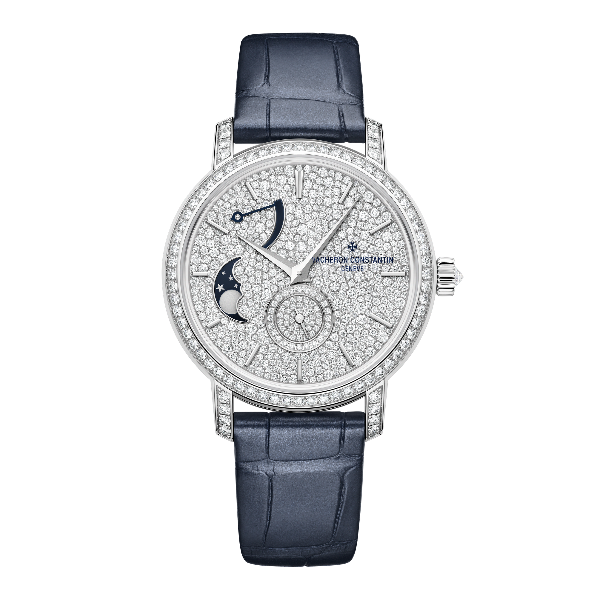 Vacheron Constantin Traditionnelle Moon Phase Diamond Pave White Gold Alligator Leather 37.5mm