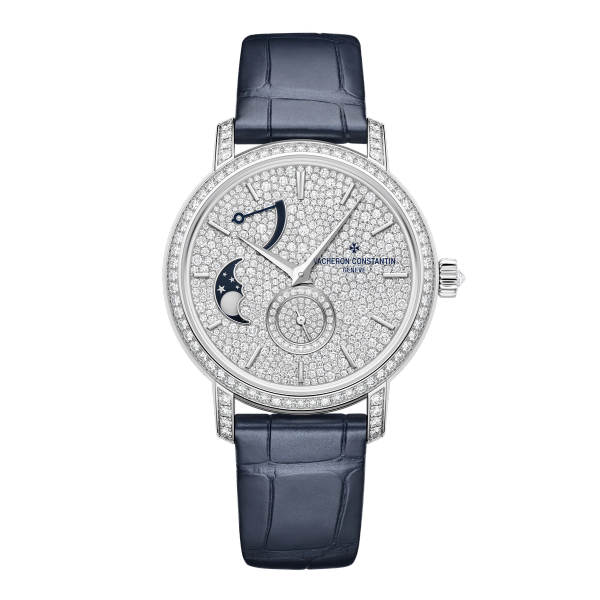 Vacheron Constantin Traditionnelle Moon Phase Diamond Pave White Gold Alligator Leather 37.5mm