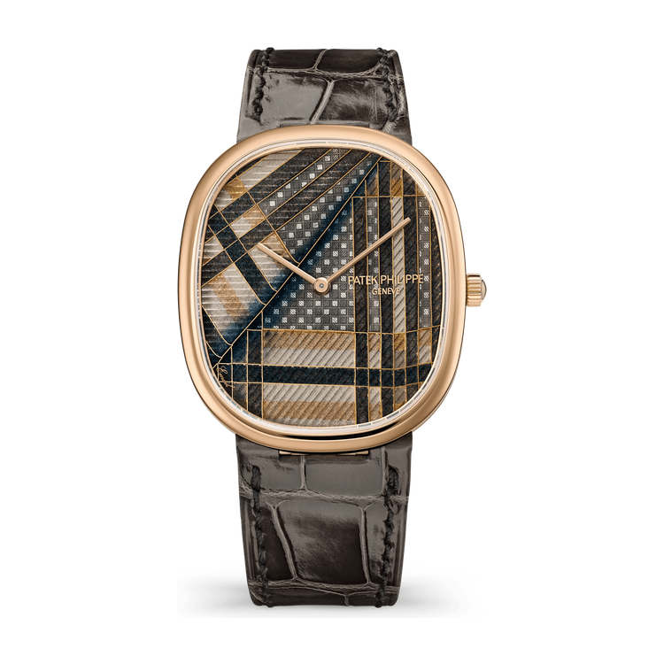 Patek Philippe "Beige Tartan" Rare Handcrafts Golden Ellipse Cream Rose Gold Alligator Leather 34.5 x 39.5mm