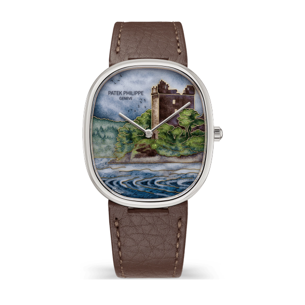 Patek Philippe "Legendary Castle" Rare Handcrafts Golden Ellipse Dark Grey White Gold Leather 34.5 x 39.5mm