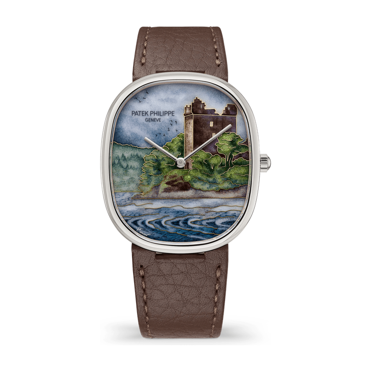 Patek Philippe "Legendary Castle" Rare Handcrafts Golden Ellipse Dark Grey White Gold Leather 34.5 x 39.5mm