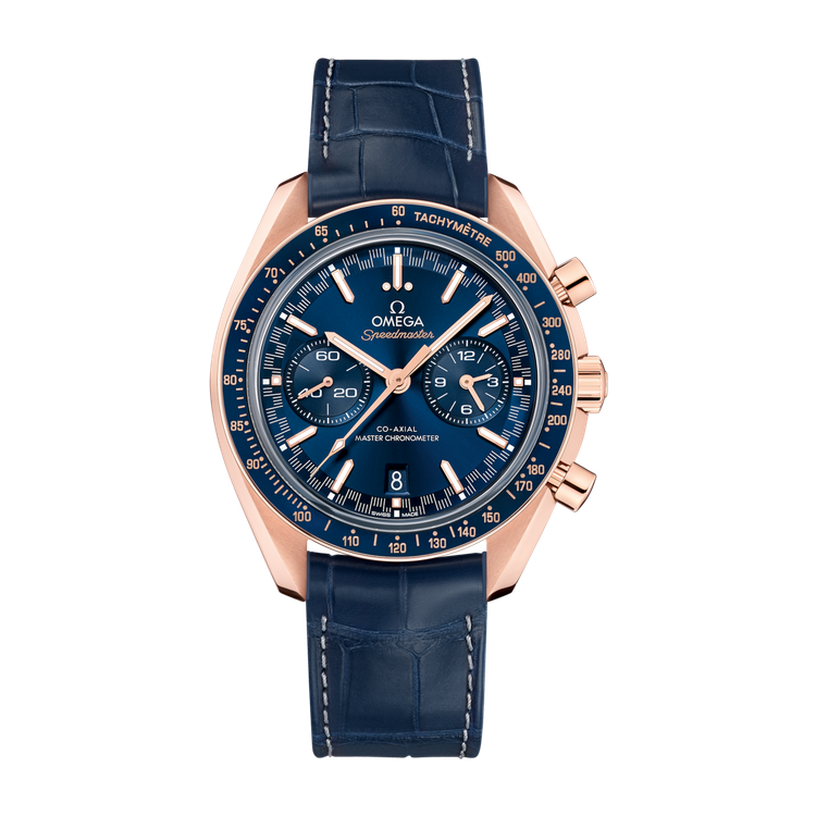 Omega Speedmaster Racing Blue Rose Gold Alligator Leather 44.3mm