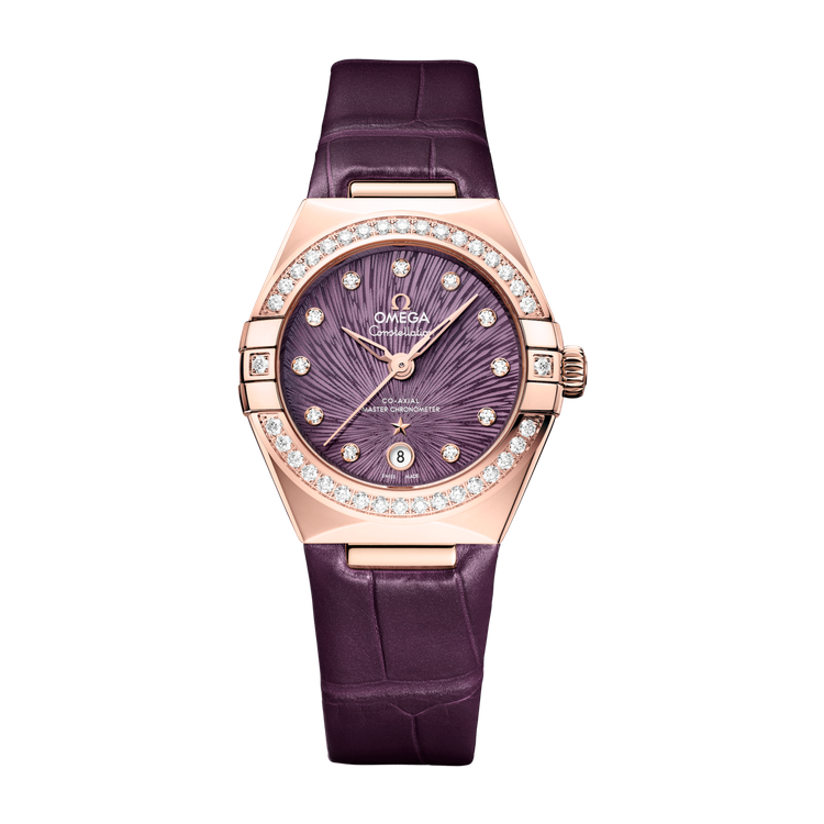 Omega Constellation Purple Rose Gold Alligator Leather 29mm