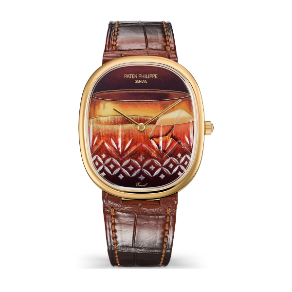 Patek Philippe "On the Rocks" Rare Handcrafts Golden Ellipse Red Yellow Gold Alligator Leather 34.5 x 39.5mm