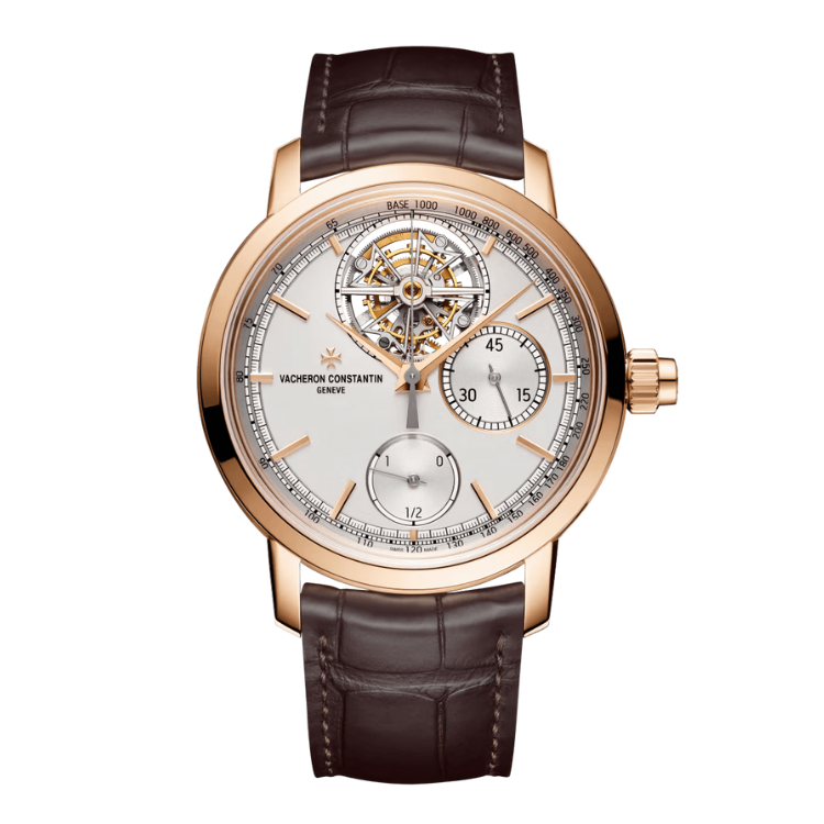 Vacheron Constantin Traditionnelle Tourbillon Chronograph Silver Rose Gold Alligator Leather 42.5mm