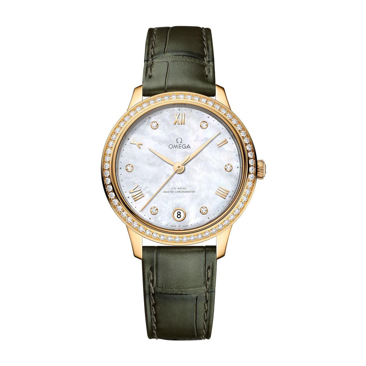Omega De Ville Prestige White Yellow Gold Alligator Leather 34mm