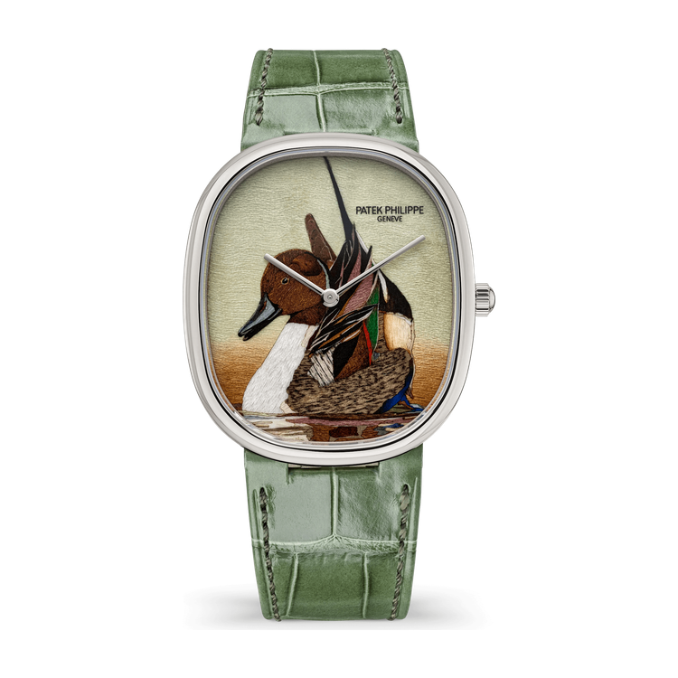 Patek Philippe "Northern Pintail" Rare Handcrafts Golden Ellipse Brown White Gold Alligator Leather 34.5 x 39.5mm