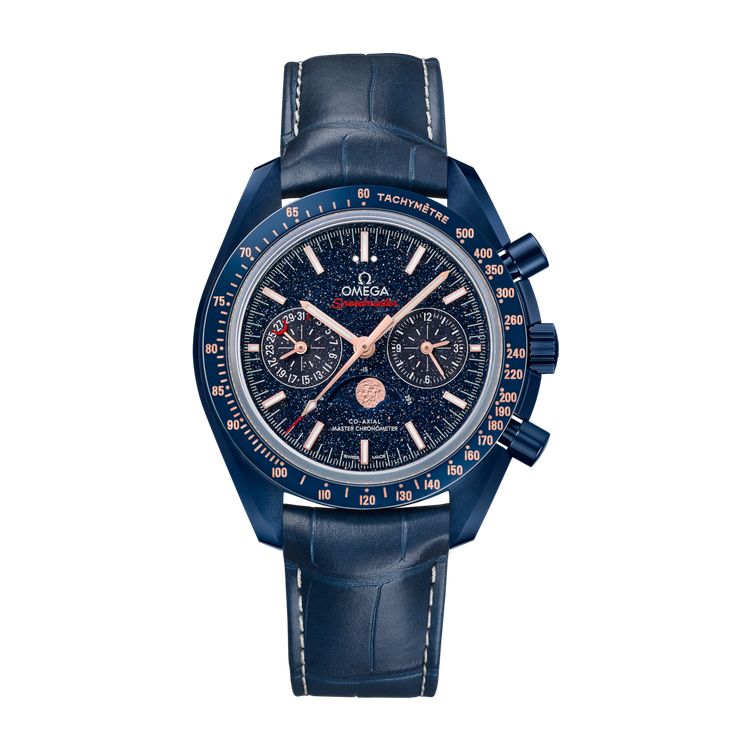 Omega "Blue Side Of The Moon" Speedmaster Moonphase Ceramic Alligator Leather 44.3mm