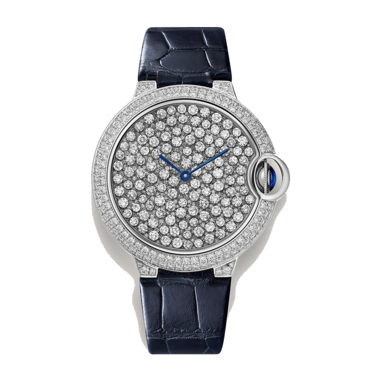 Cartier Ballon Bleu 37 mm Diamond Pave White Gold Alligator Leather 37mm