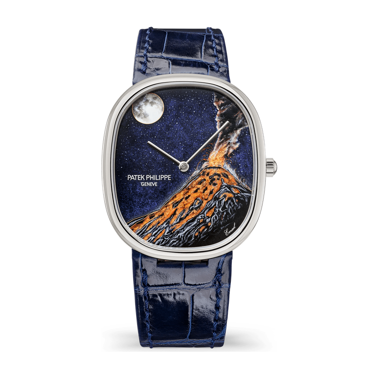 Patek Philippe "Fuego Volcano" Rare Handcrafts Golden Ellipse Brown White Gold Alligator Leather 34.5 x 39.5mm