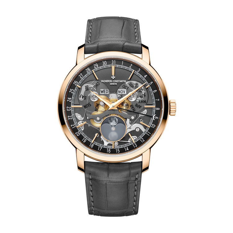 Vacheron Constantin Traditionnelle Complete Calendar Openface Dark Grey Rose Gold Alligator Leather 41mm
