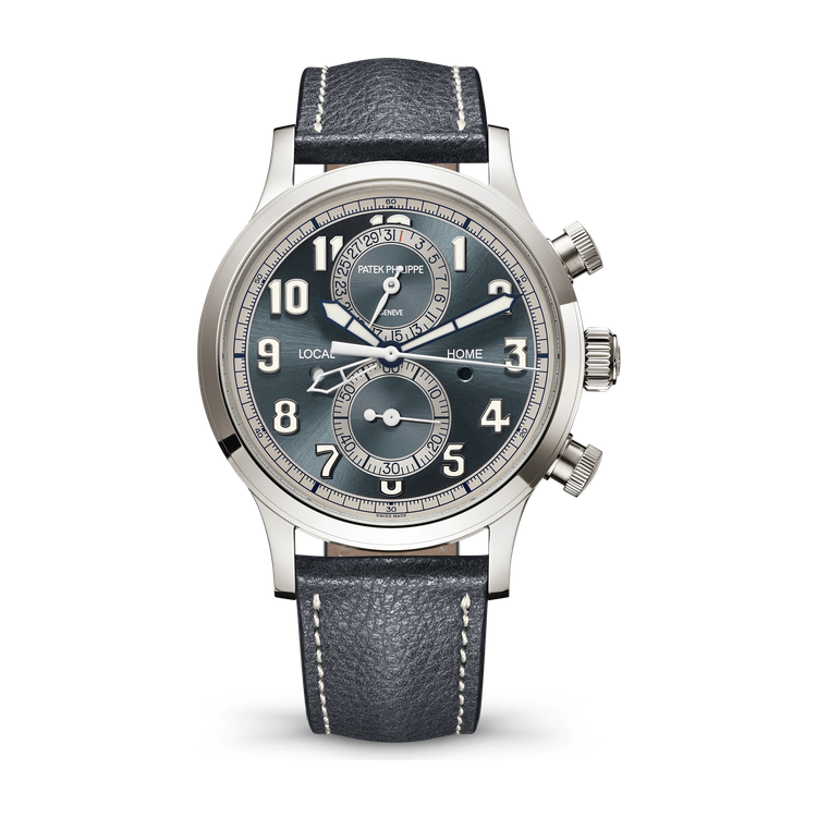 Patek Philippe Complications Calatrava Pilot Travel Time Blue White Gold Leather 42mm