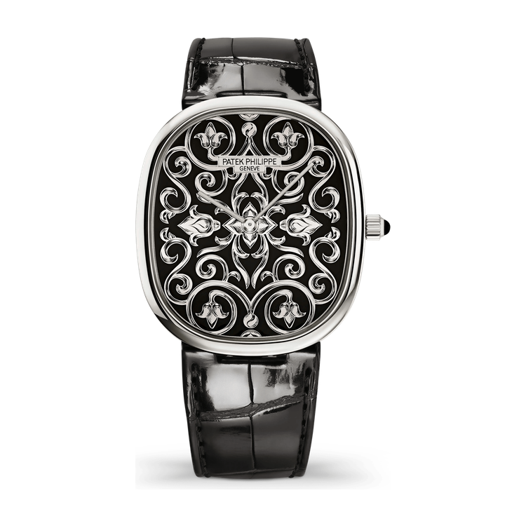 Patek Philippe Golden Ellipse Black White Gold Alligator Leather 34.5 x 39.5mm