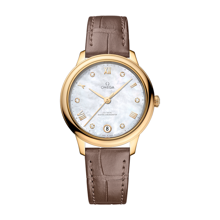 Omega De Ville Prestige White Yellow Gold Alligator Leather 34mm