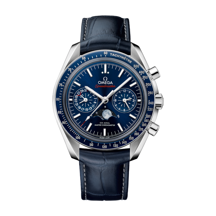 Omega Speedmaster Moonphase Blue Steel Alligator Leather 44.3mm
