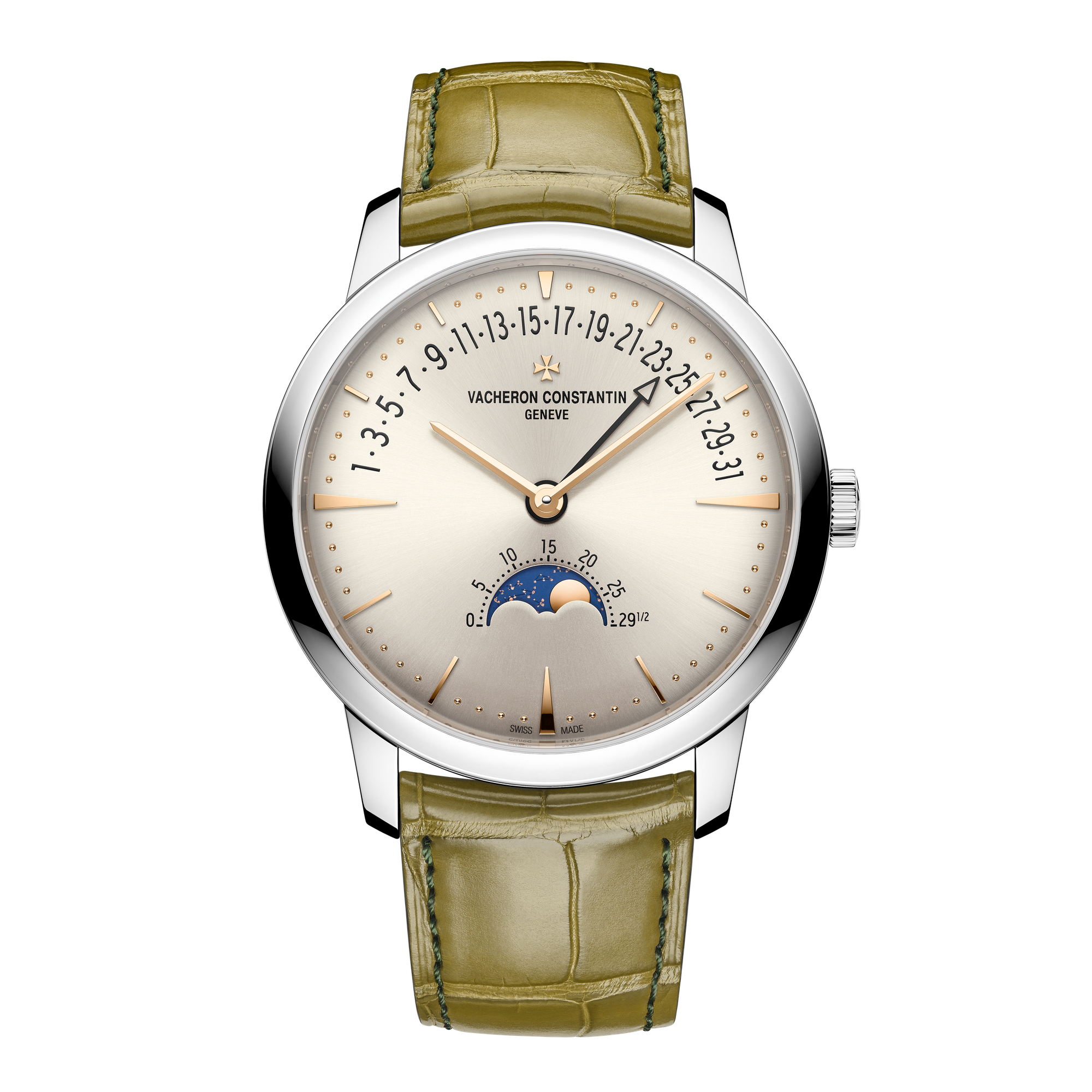 Vacheron Constantin Patrimony Moon Phase Retrograde Date Silver White Gold Alligator Leather 42.5mm