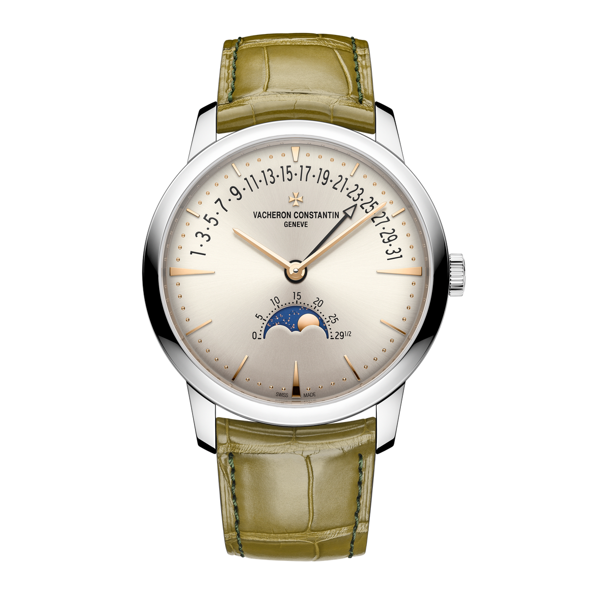 Vacheron Constantin Patrimony Moon Phase Retrograde Date Silver White Gold Alligator Leather 42.5mm