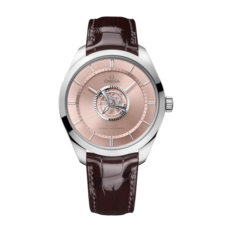 Omega De Ville Tourbillon Brown White Gold Alligator Leather 43mm