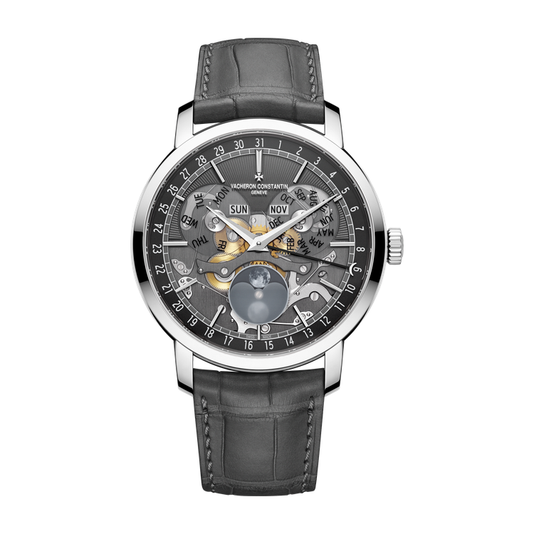 Vacheron Constantin Traditionnelle Complete Calendar Openface Dark Grey White Gold Alligator Leather 41mm