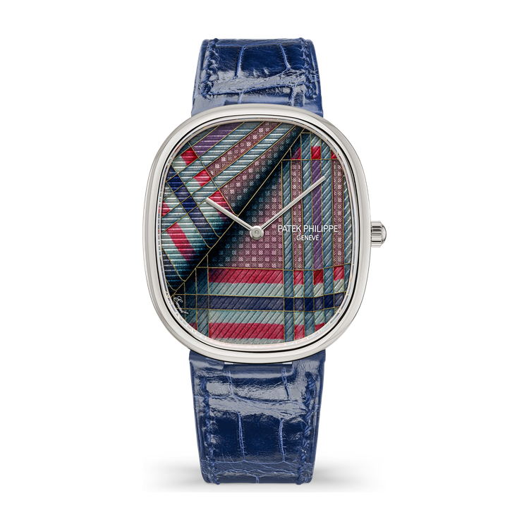 Patek Philippe "Blue Tartan" Rare Handcrafts Golden Ellipse White Gold Alligator Leather 34.5 x 39.5mm