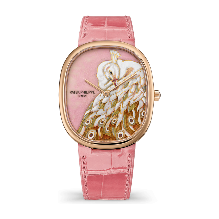 Patek Philippe "White Peacock" Rare Handcrafts Golden Ellipse Rose Gold Alligator Leather 34.5 x 39.5mm