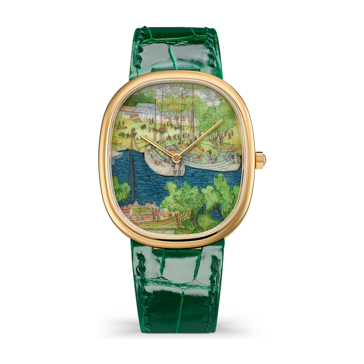 Patek Philippe "Boats in the Port" Rare Handcrafts Golden Ellipse Grey Yellow Gold Alligator Leather 34.5 x 39.5mm