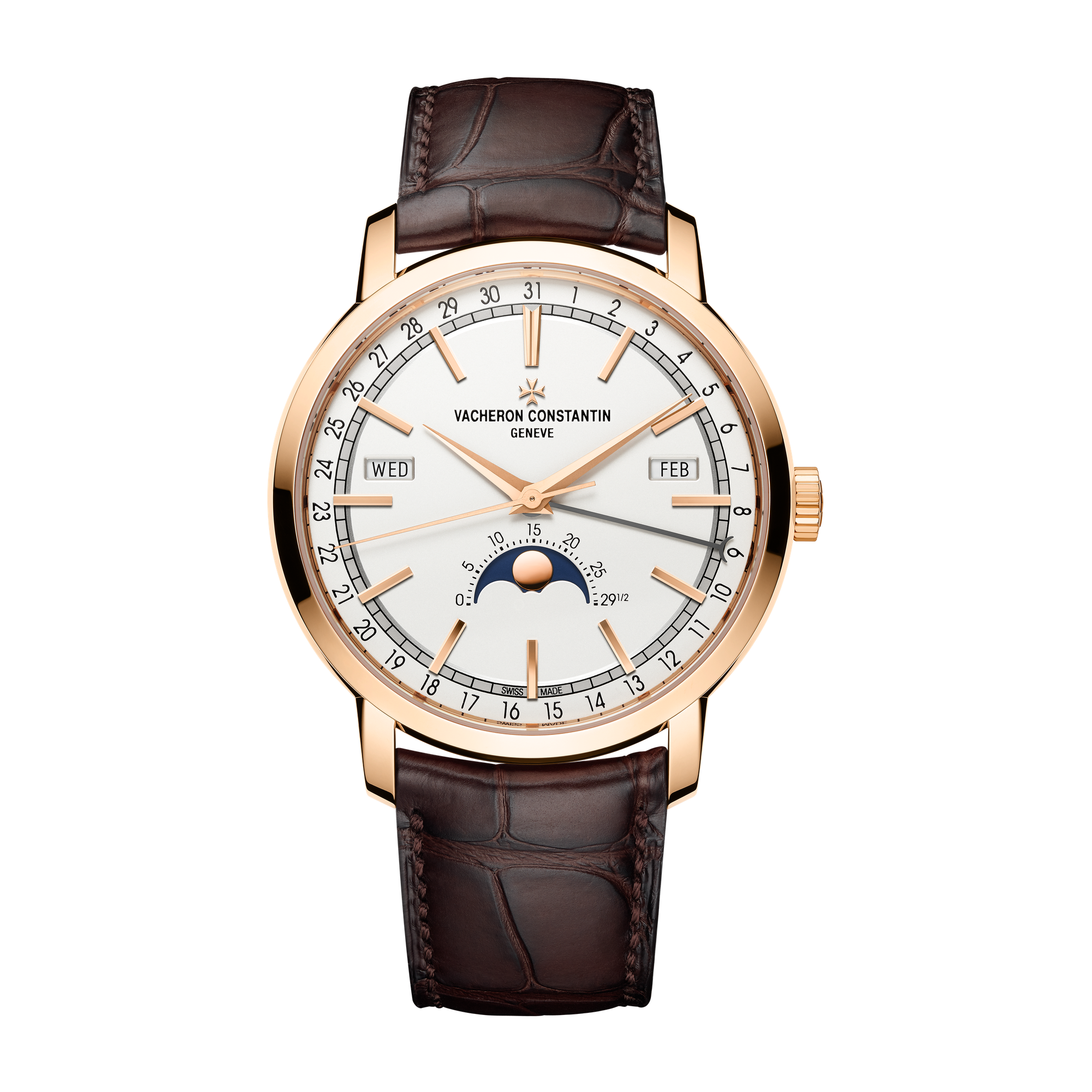 Vacheron Constantin Traditionnelle Complete Calendar Silver Rose Gold Alligator Leather 41mm