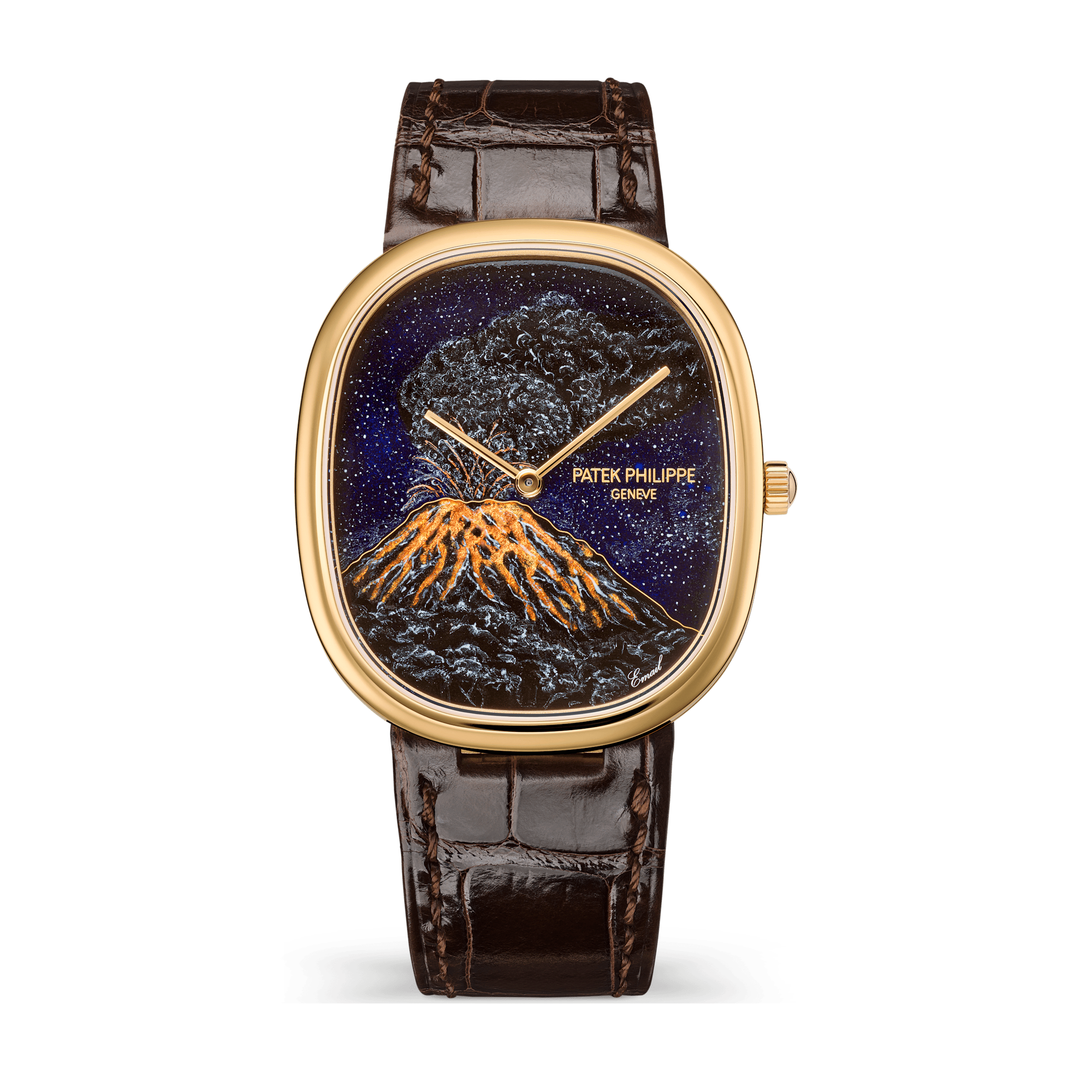 Patek Philippe "Mount Merapi" Rare Handcrafts Golden Ellipse Dark Grey Yellow Gold Alligator Leather 34.5 x 39.5mm