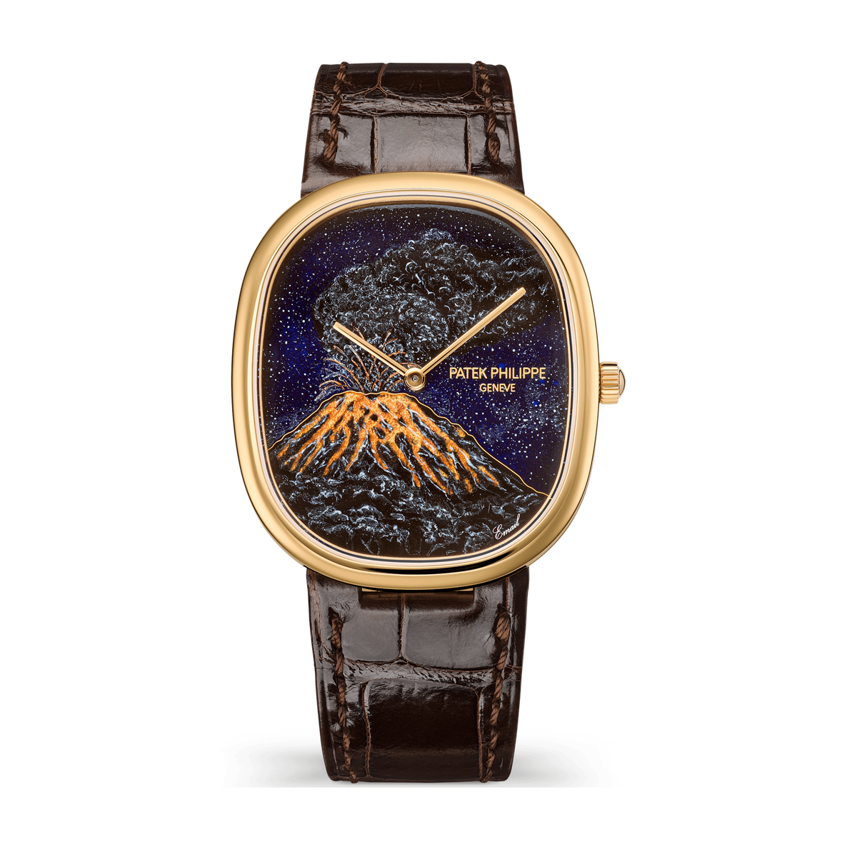 Patek Philippe "Mount Merapi" Rare Handcrafts Golden Ellipse Dark Grey Yellow Gold Alligator Leather 34.5 x 39.5mm