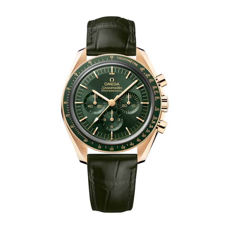Omega Speedmaster Moonwatch Professional Green Yellow Gold Alligator Leather 42mm