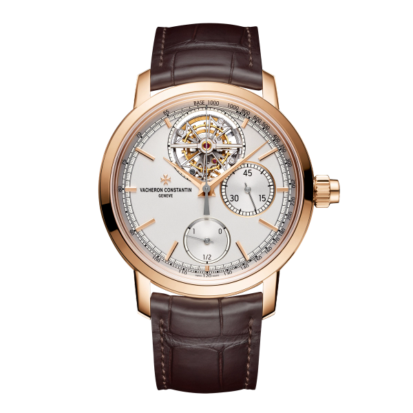 Vacheron Constantin Traditionnelle Tourbillon Chronograph Silver Rose Gold Alligator Leather 42.5mm