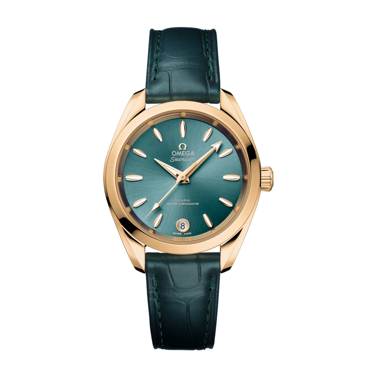 Omega Seamaster Aqua Terra Shades Green Yellow Gold Alligator Leather 34mm