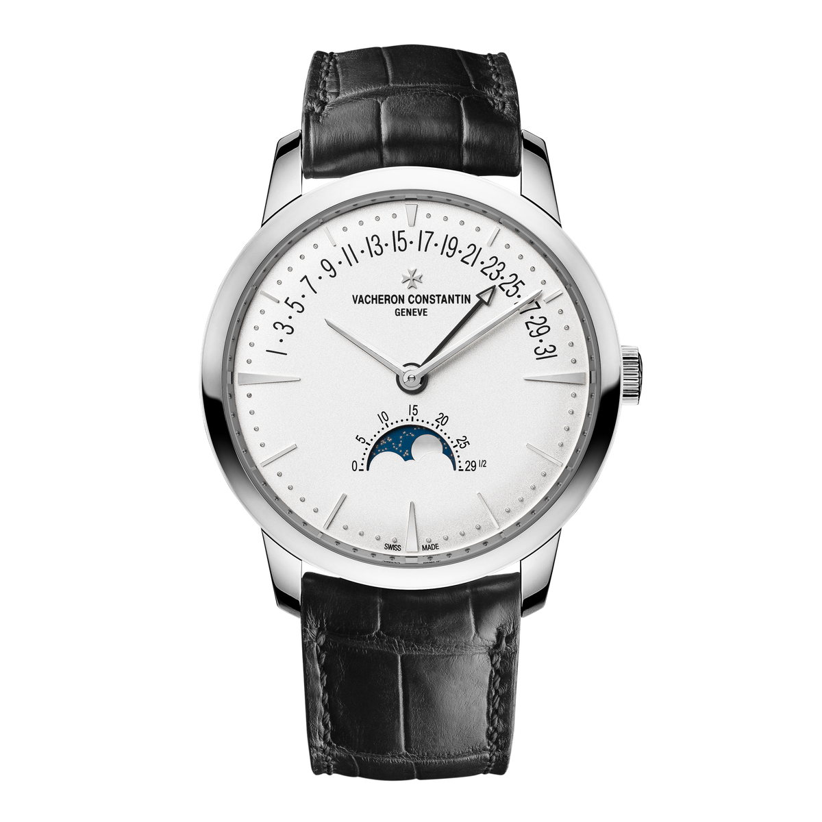 Vacheron Constantin Patrimony Moon Phase Retrograde Date Silver White Gold Alligator Leather 42.5mm
