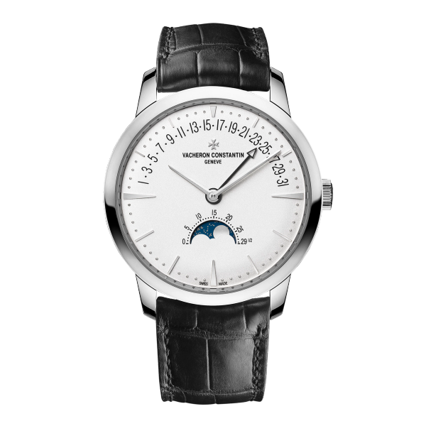 Vacheron Constantin Patrimony Moon Phase Retrograde Date Silver White Gold Alligator Leather 42.5mm