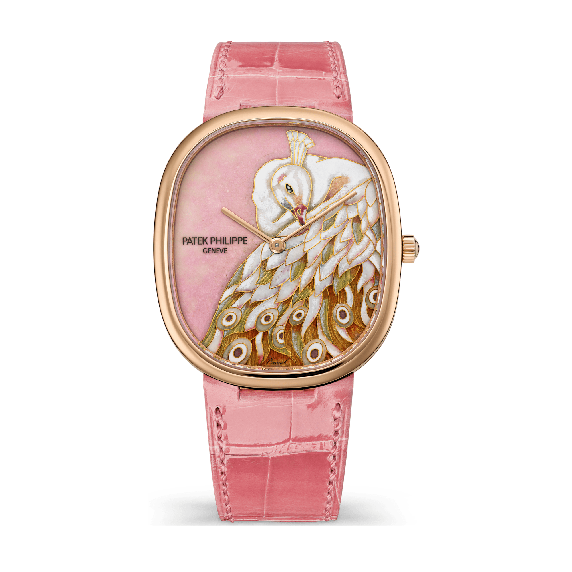 Patek Philippe "White Peacock" Rare Handcrafts Golden Ellipse Rose Gold Alligator Leather 34.5 x 39.5mm