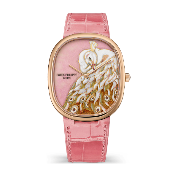 Patek Philippe "White Peacock" Rare Handcrafts Golden Ellipse Rose Gold Alligator Leather 34.5 x 39.5mm