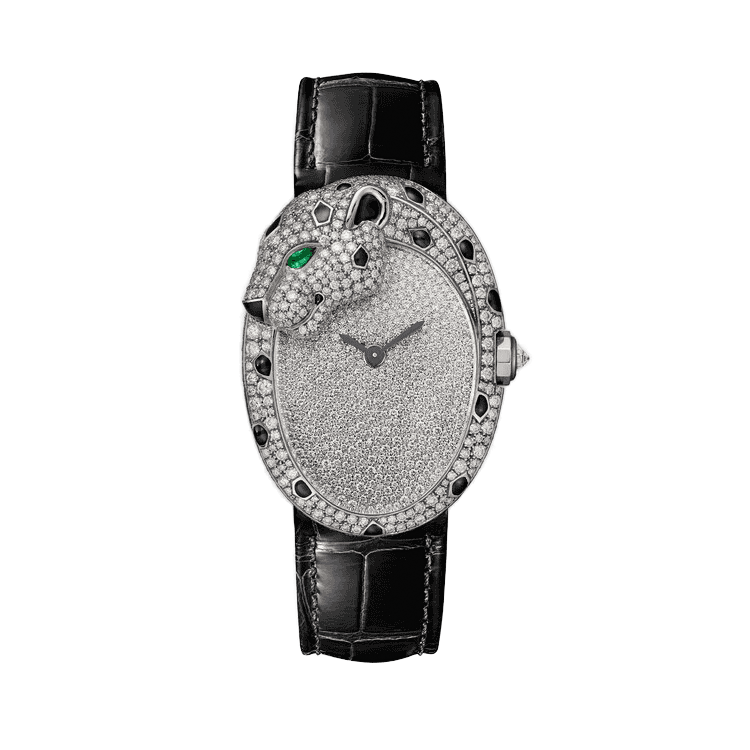 Cartier Panthère Jewelry Diamond Pave White Gold Alligator Leather 28.6mm
