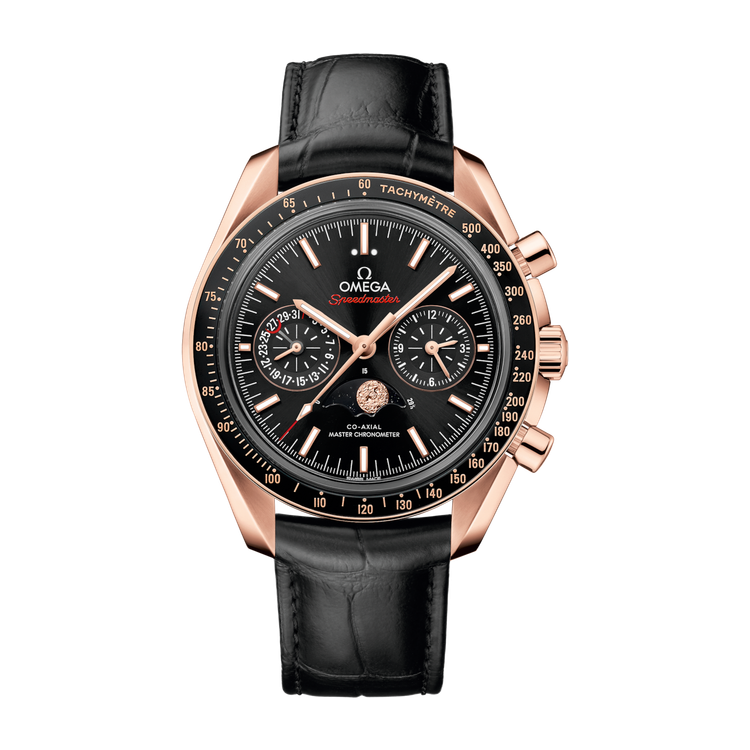 Omega Speedmaster Moonphase Black Rose Gold Alligator Leather 44.3mm