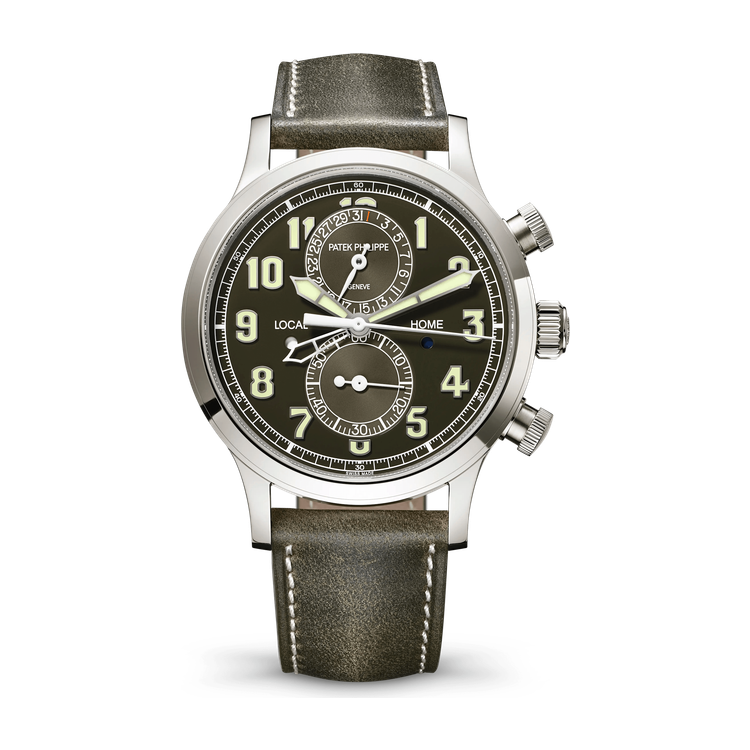 Patek Philippe Complications Calatrava Pilot Travel Time Green White Gold Leather 42mm