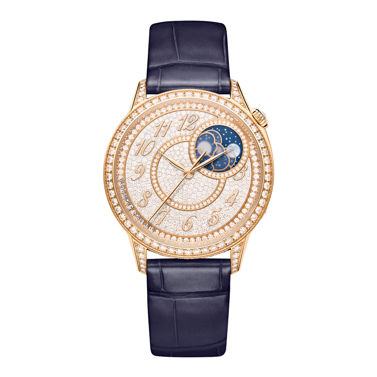 Vacheron Constantin Égérie Moon Phase Diamond Pave Rose Gold Leather 37mm