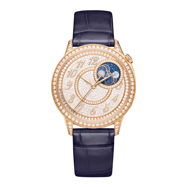 Vacheron Constantin Égérie Moon Phase Diamond Pave Rose Gold Leather 37mm