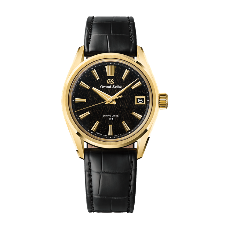 Grand Seiko "Ice Forest at Dawn" Evolution 9 Spring Drive U.F.A. Black Yellow Gold Alligator Leather 37mm
