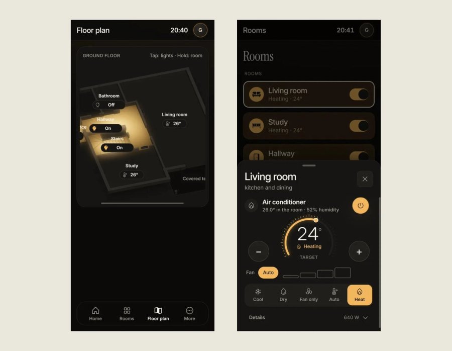 Die Lunet-App: Grundriss mit beleuchteten Räumen und Klimasteuerung im Wohnzimmer