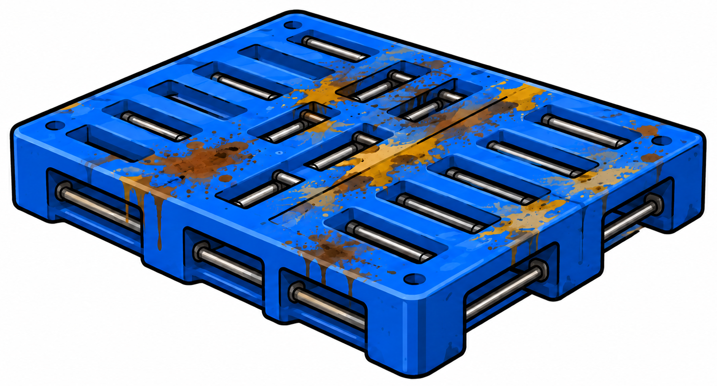 Plastic pallet with embedded metal reinforcement and chemical staining