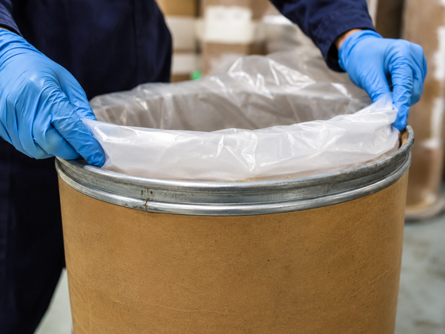 Close-up of a PE liner bag being fitted inside a fiber drum