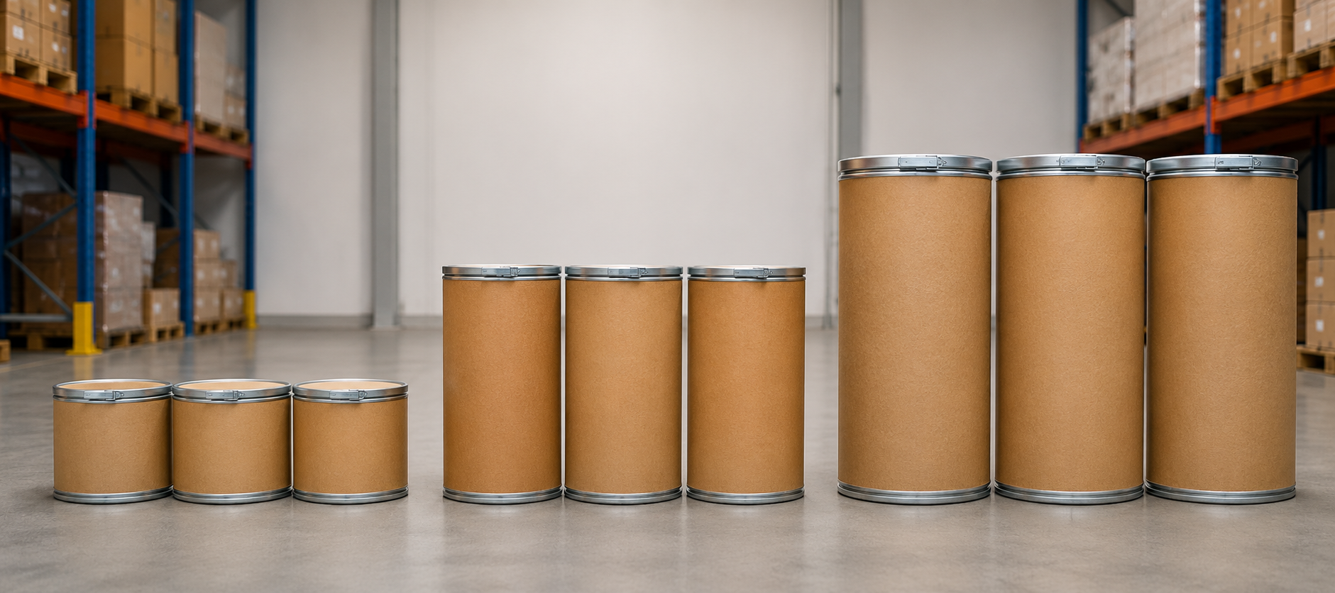 Small, medium, and large fiber drums stacked side by side for size comparison